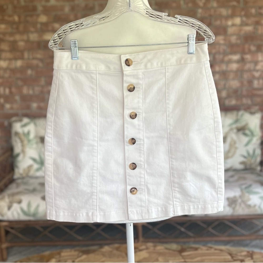 Loft Soft White Button Front Mini Cotton Twill High Waist Denim Skirt 8